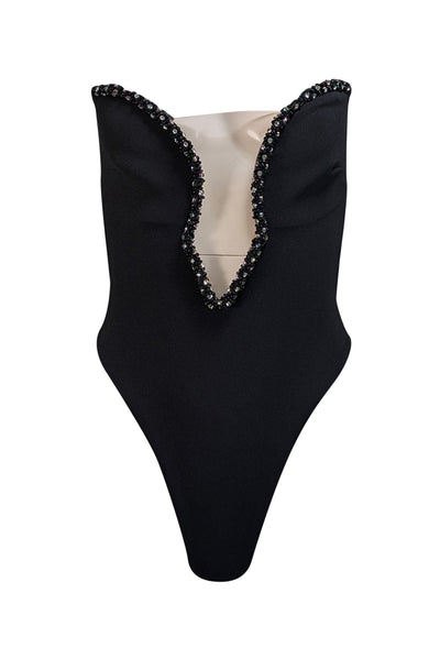 Nookie - Black Embellished Plunge Neck Strapless Bodysuit Sz S - Current Boutique