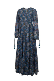 Current Boutique-Oliphant - Blue & Green Floral Smocked Bodice Dress Sz M