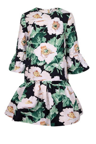 Current Boutique-Oscar de la Renta - Black, Ivory & Green Floral Ruffle Long Sleeve Cocktail Dress Sz 8