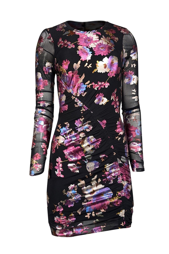 Parker - Black w/ Metallic Pink, Purple, & Blue Floral Print Long Sleeve Dress Sz 0