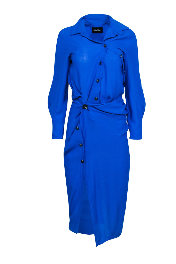 Pfeiffer - Blue Midi Long Sleeve Shirt Dress w/ Tortoiseshell Buttons