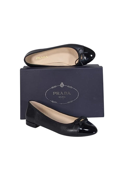 Current Boutique-Prada - Black Leather Leather Bow Toe Ballet Flats Sz 9.5