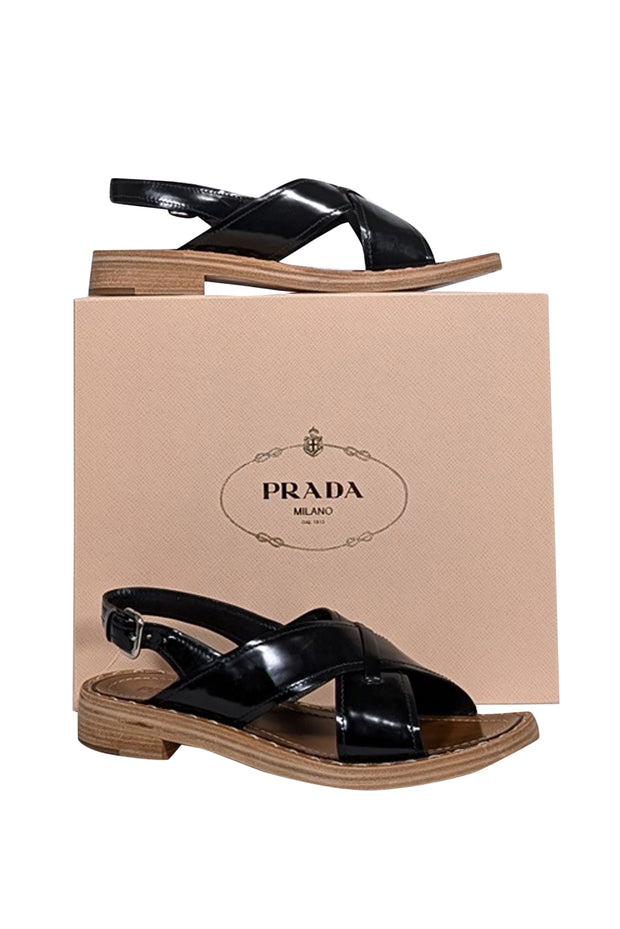 Prada - Black Patent Cross Front Buckle Sandals Sz 10 – Current