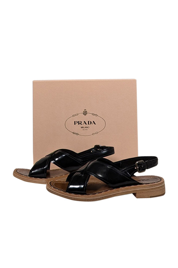 靴 Prada Patent Buckle Sandals Black 37 Prada - Black Patent Cross Front Buckle Sandals Sz 10