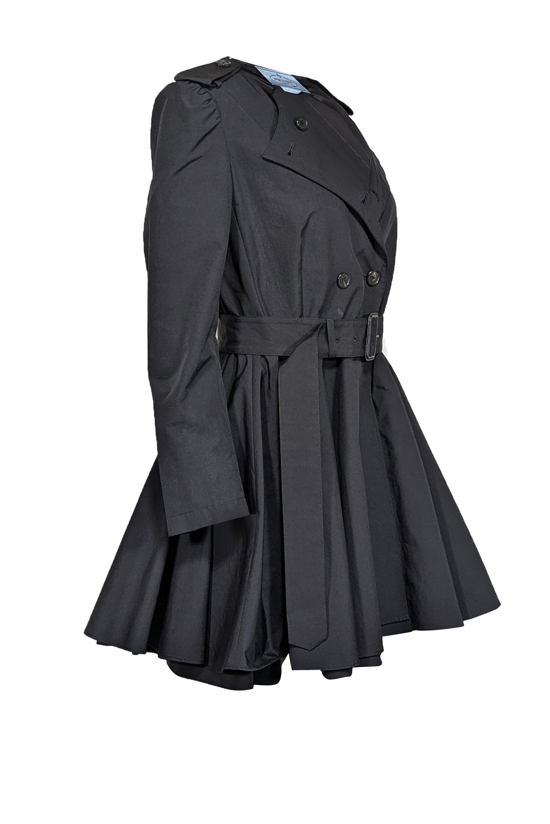 Prada - Black Fit & Flare Collarless Trench Coat w/ Waist