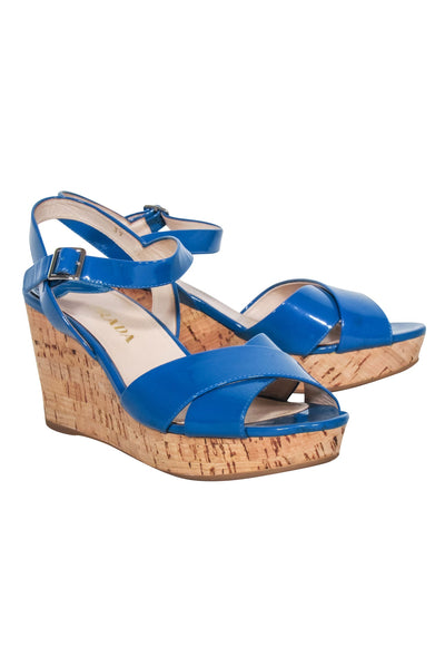 Current Boutique-Prada - Blue Patent Leather Cork Wedges Sz 9