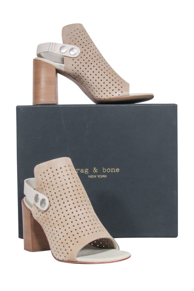 Current Boutique-Rag & Bone - Beige Laser Cut Print Suede Open Toe Block Heels Sz 10