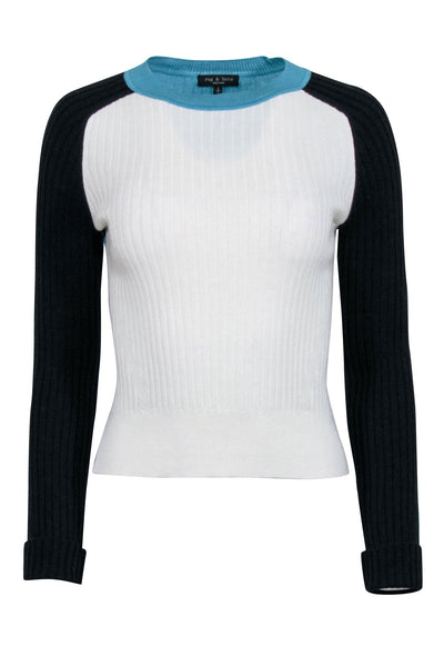 Current Boutique-Rag & Bone - Ivory, Teal, & Black Colorblock "Navaya" Crewneck Sweater Sz S