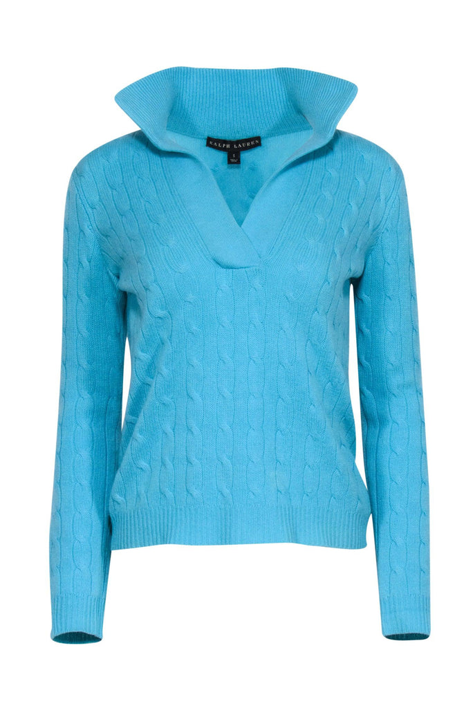 Ralph Lauren - Aqua Blue V-Neck Cable Knit Sz S