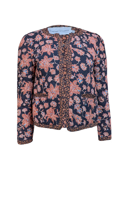 Rebecca Minkoff - Black w/ Burnt Orange Floral Print Quilted Jacket Sz XXS - Current Boutique