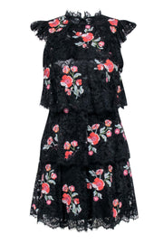 Current Boutique-Rebecca Taylor - Black Lace Tiered Dress w/ Floral Embroidered Detail Sz 2