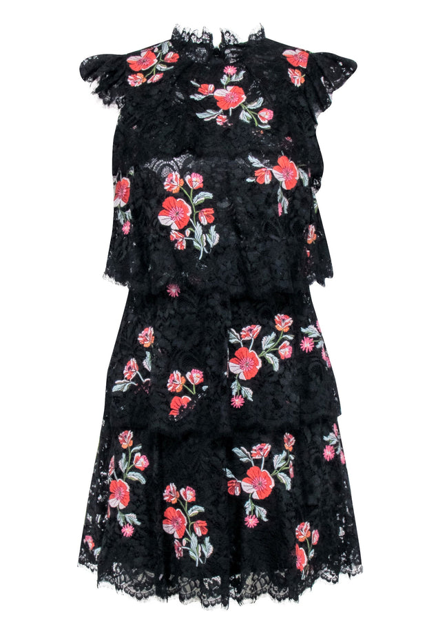 Current Boutique-Rebecca Taylor - Black Lace Tiered Dress w/ Floral Embroidered Detail Sz 2