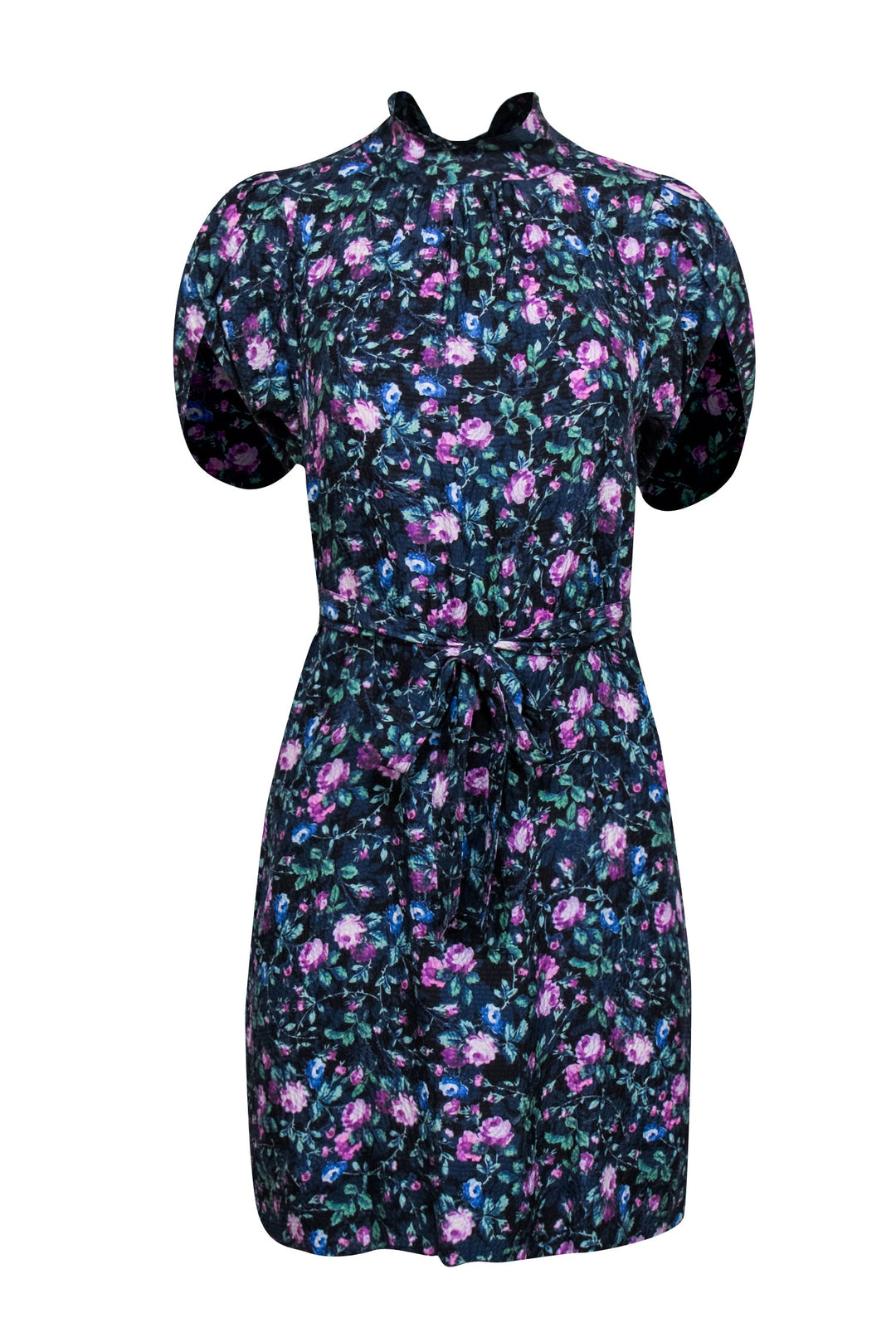 Rebecca Taylor - Blue, Black & Purple Floral Print Pleated Shift Dress Sz 4