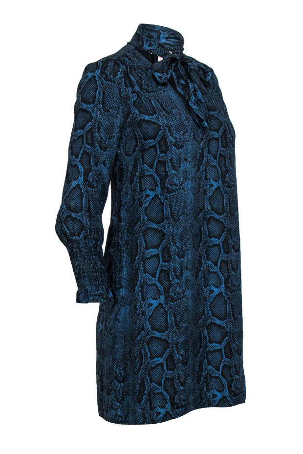 Rebecca Taylor - Blue & Black Snakeskin Print Silk Shift Dress w/ Neck Tie Sz 0 Rebecca Taylor - Blue & Black Snakeskin Print Silk Shift Dress w/ Neck Tie Sz 0