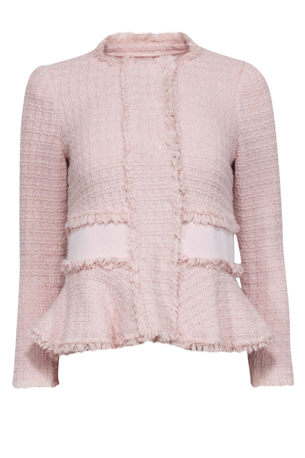 Current Boutique-Rebecca Taylor - Light Pink Tweed Peplum Jacket w/ Fringe Trim Sz 2