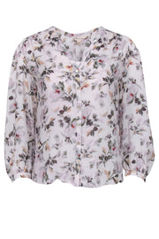 Current Boutique-Rebecca Taylor - Ivory Hammered Silk Blend Floral Print Button Up Shirt Sz 2