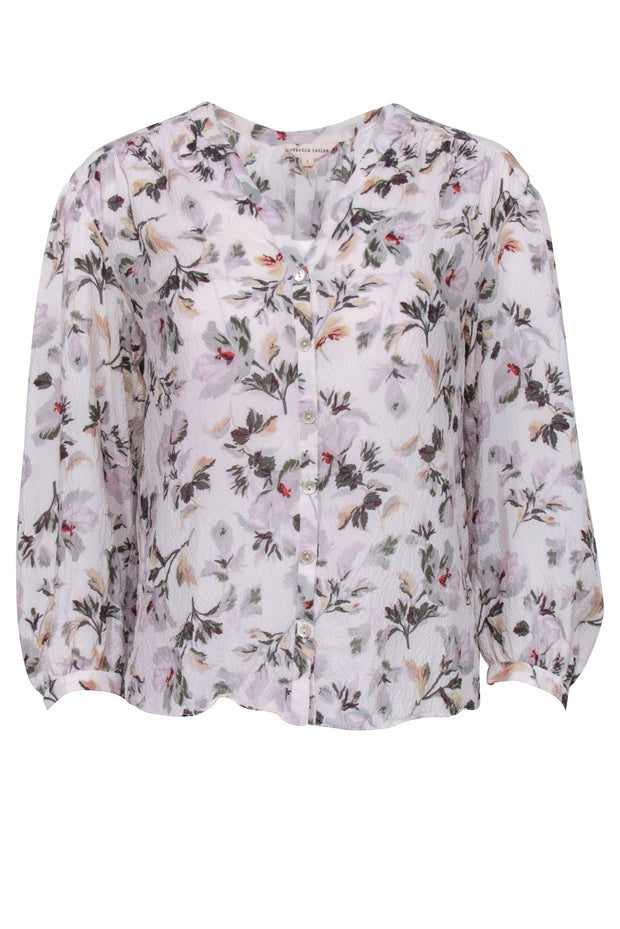 Current Boutique-Rebecca Taylor - Ivory Hammered Silk Blend Floral Print Button Up Shirt Sz 2