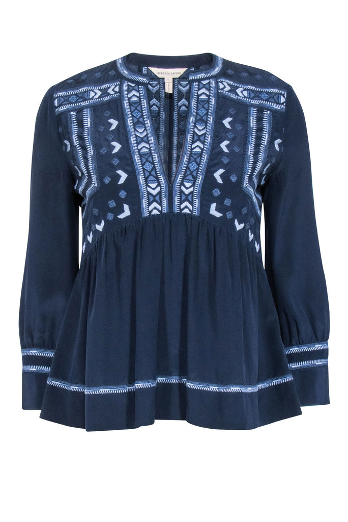 Rebecca Taylor - Navy Embroidered Silk Blouse Sz 0