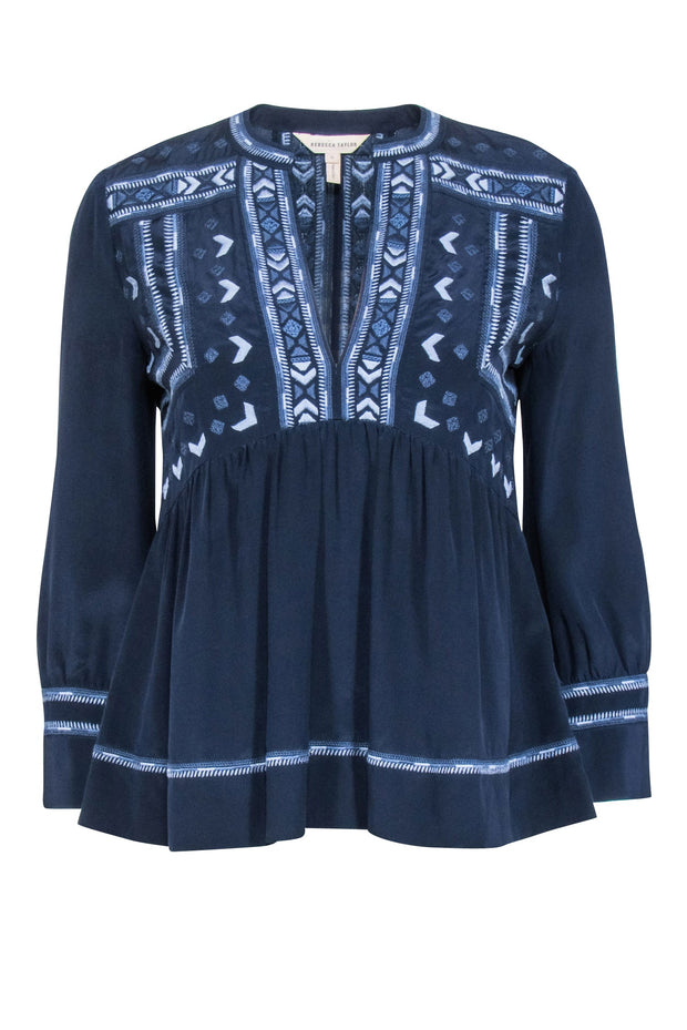Current Boutique-Rebecca Taylor - Navy Embroidered Silk Blouse Sz 0
