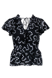 Current Boutique-Rebecca Taylor - Black & Silver Metallic Print Ruffle Top Sz XS
