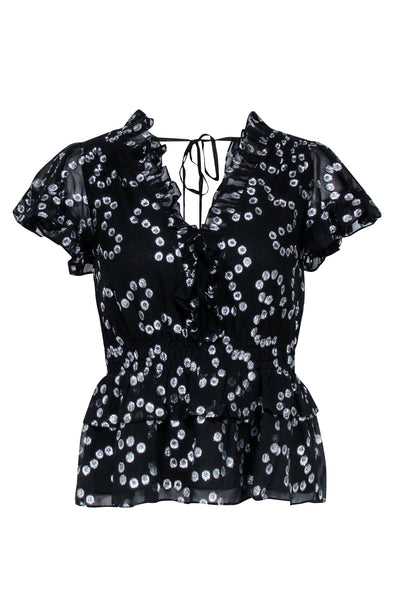 Current Boutique-Rebecca Taylor - Black & Silver Metallic Print Ruffle Top Sz XS