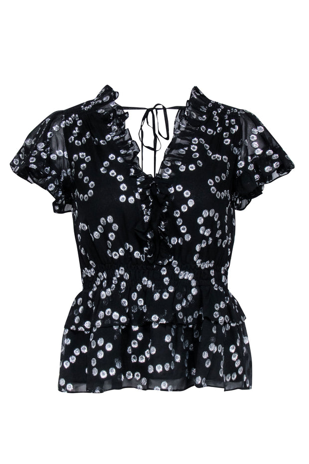Current Boutique-Rebecca Taylor - Black & Silver Metallic Print Ruffle Top Sz XS