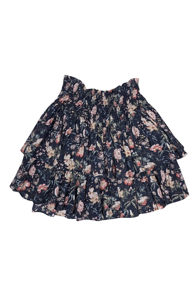 Rebecca Taylor Washed Navy w/ Muted Floral Print Ruffled Skirt