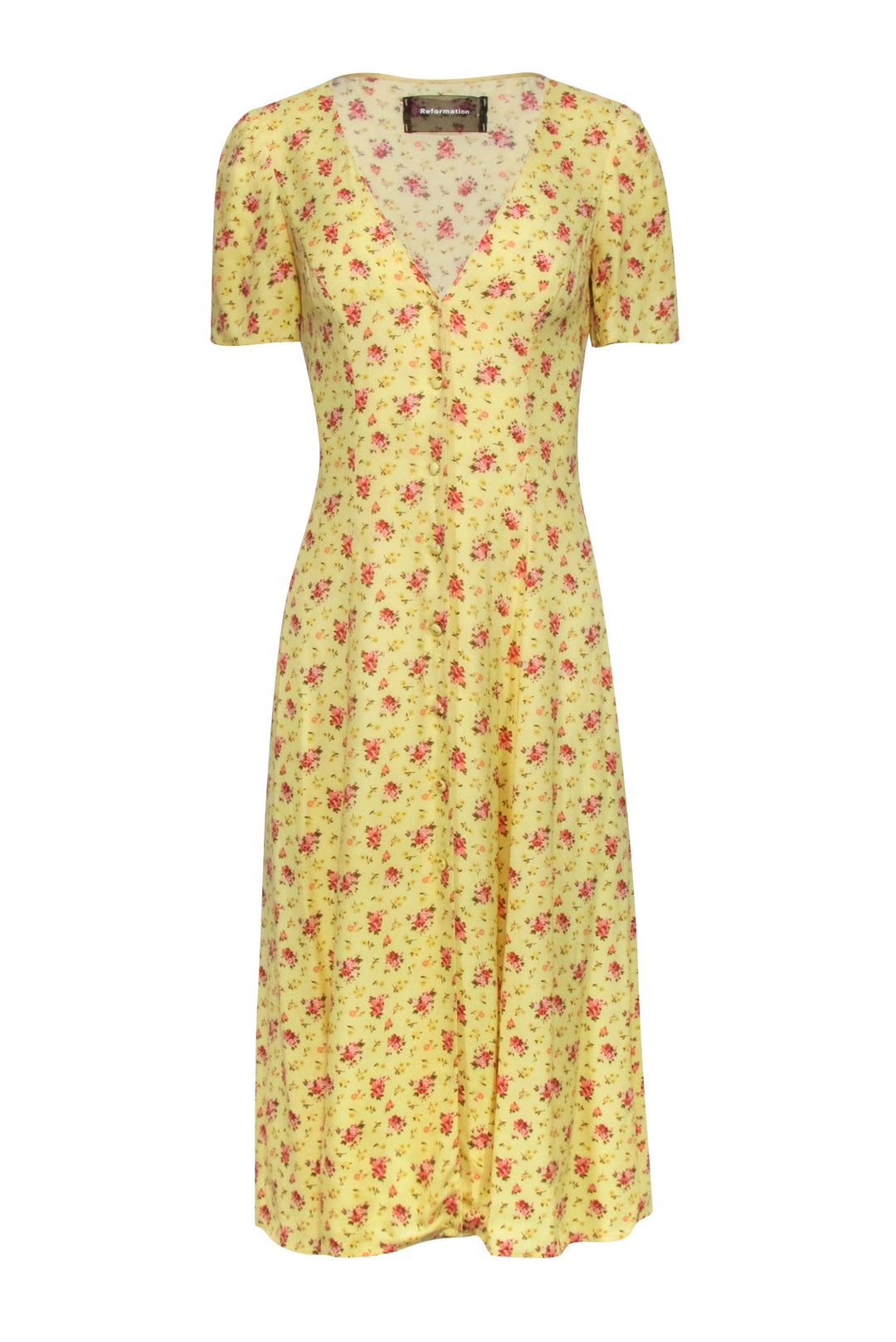 Reformation - Yellow Floral Print Short Sleeve Midi Dress Sz 0 Reformation - Yellow Floral Print Short Sleeve Midi Dress Sz 0