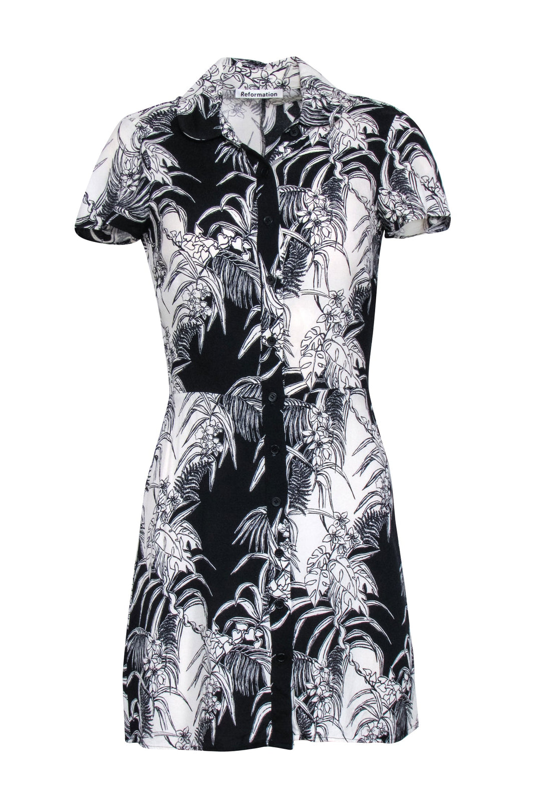 Reformation - Black & Ivory Print Short Sleeve Button Front Shirt Dres