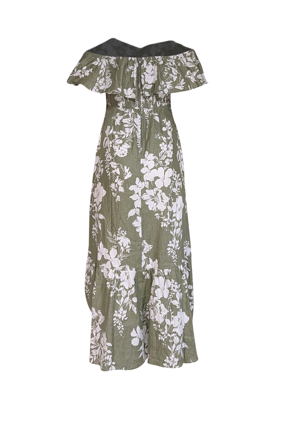 Reformation - Green & White Floral Print Linen Off-the-Shoulder Dress Reformation - Green & White Floral Print Linen Off-the-Shoulder Dress