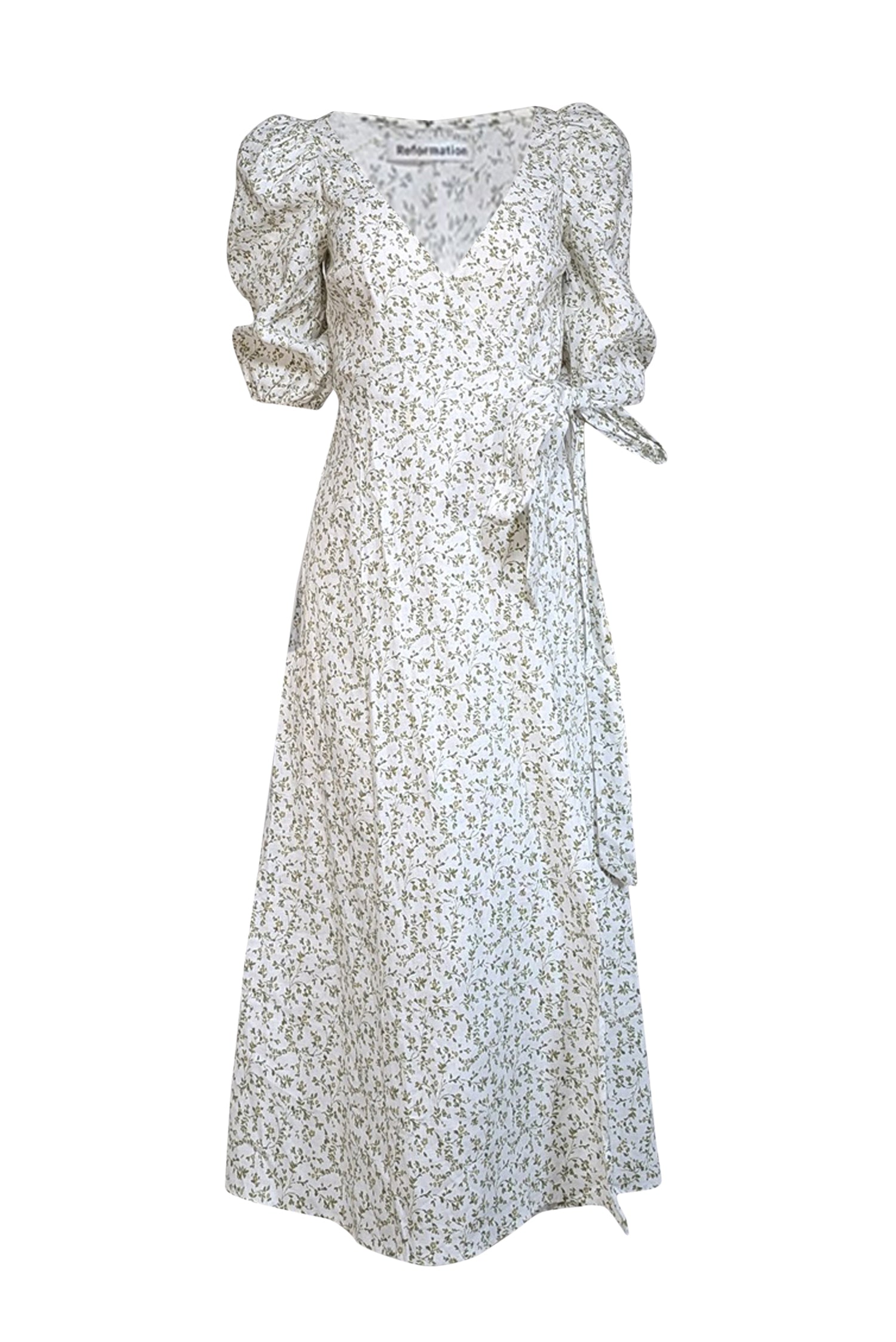 Reformation - Ivory \u0026 Green Floral Print Linen Wrap Dress Sz XS