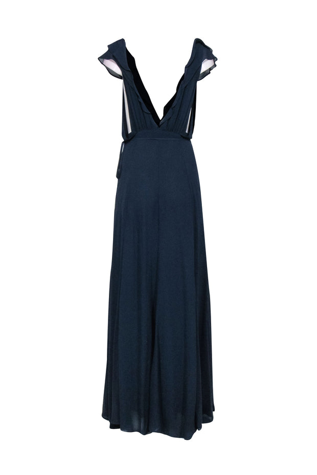 Current Boutique-Reformation - Navy Flutter Cap Sleeve Wrap Formal Dress Sz M