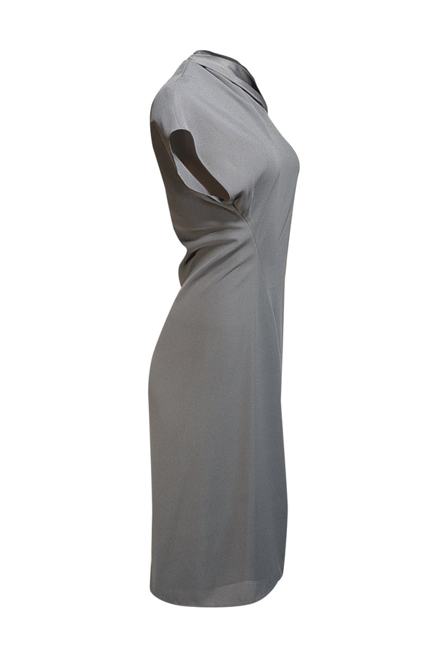 Reiss - Dark Sage Green Asymmetrical Draped Off The Shoulder Dress Sz 8 - Current Boutique