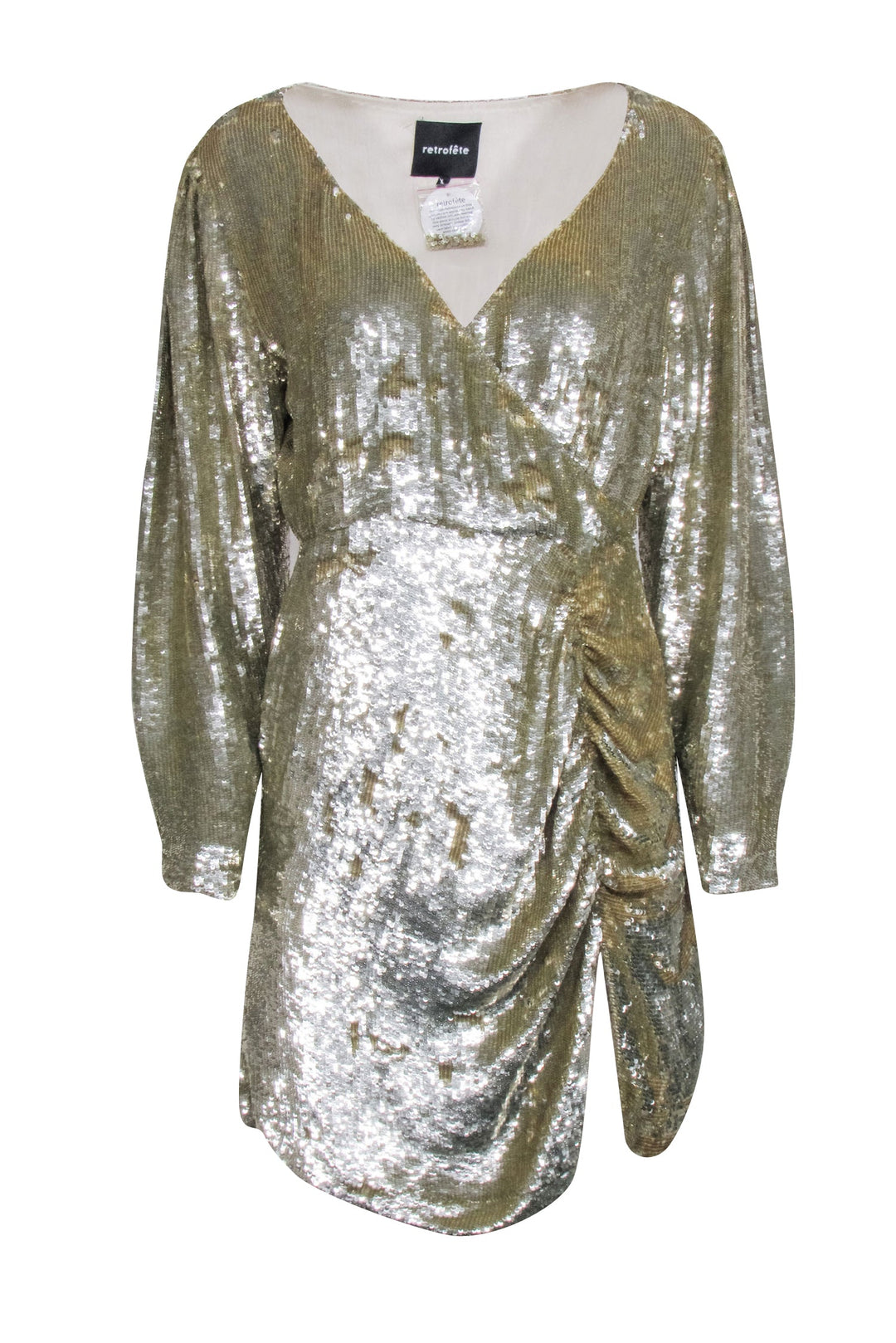 Retrofete - Gold Sequin Wrap Bodice "Stacey" Dress Sz L Retrofete - Gold Sequin Wrap Bodice "Stacey" Dress Sz L