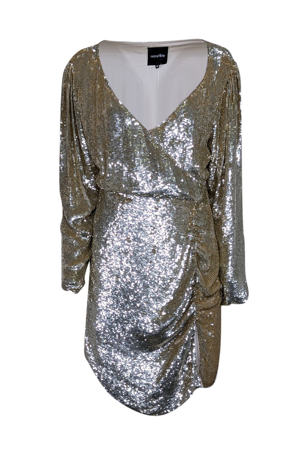 Retrofete - Gold Long Sleeve Sequin Wrap Mini Dress Sz M Retrofete - Gold Long Sleeve Sequin Wrap Mini Dress Sz M