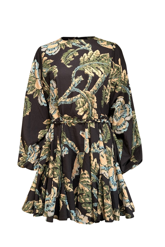 Rhode - Black w/ Pale Yellow & Green Floral Print Long Sleeve Mini Dre