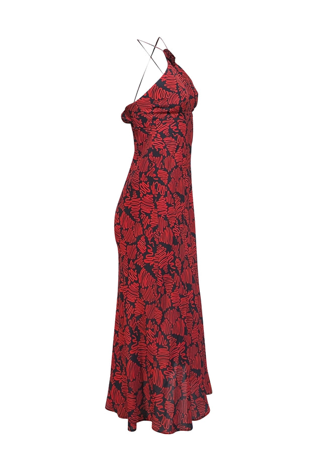 Rixo - Black & Red Print Silk Blend Halter Neck Dress Sz 4 Rixo - Black & Red Print Silk Blend Halter Neck Dress Sz 4