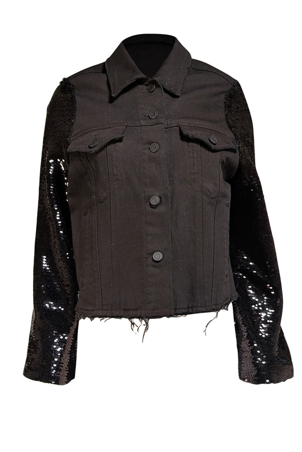 RtA - Black Denim Button Front Jacket w/ Sequin Sleeve "Haylee" Jacket Sz M - Current Boutique