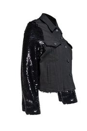 RtA - Black Denim Button Front Jacket w/ Sequin Sleeve "Haylee" Jacket Sz M - Current Boutique