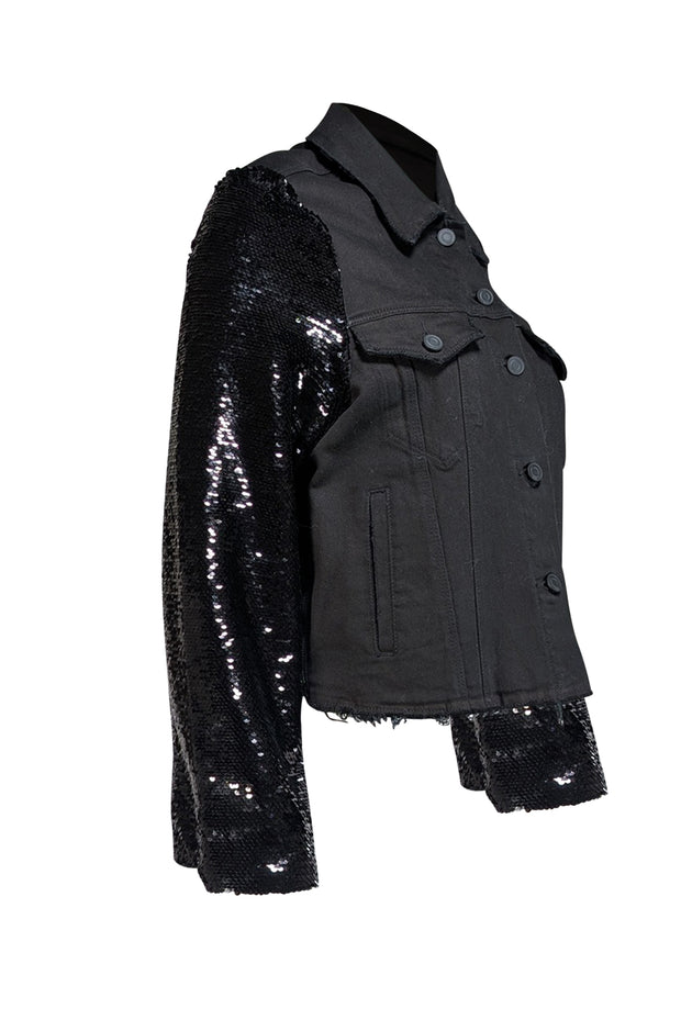 RtA - Black Denim Button Front Jacket w/ Sequin Sleeve "Haylee" Jacket Sz M - Current Boutique
