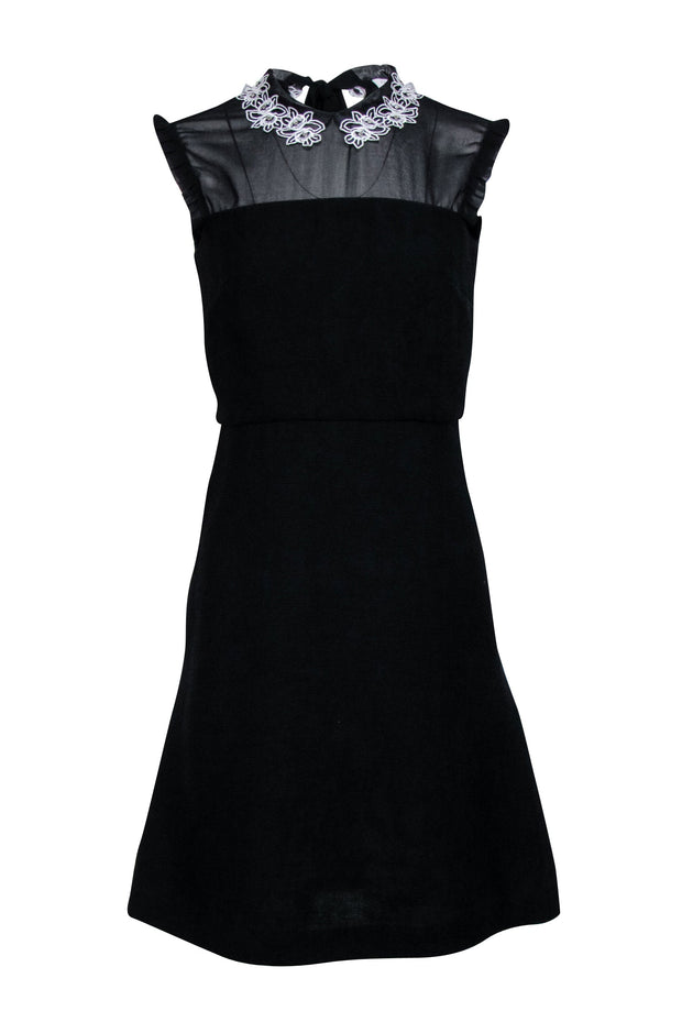 Sandro - Black Ribbed Fit & Flare Dress w/ Embroidered Collar Sz 4 Sandro - Black Ribbed Fit & Flare Dress w/ Embroidered Collar Sz 4