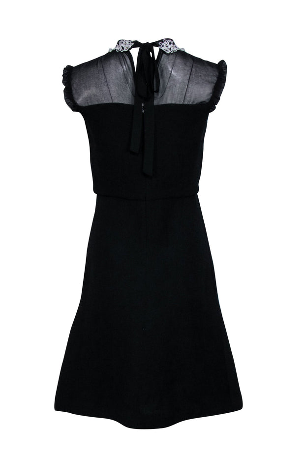 Sandro - Black Ribbed Fit & Flare Dress w/ Embroidered Collar Sz 4 Sandro - Black Ribbed Fit & Flare Dress w/ Embroidered Collar Sz 4
