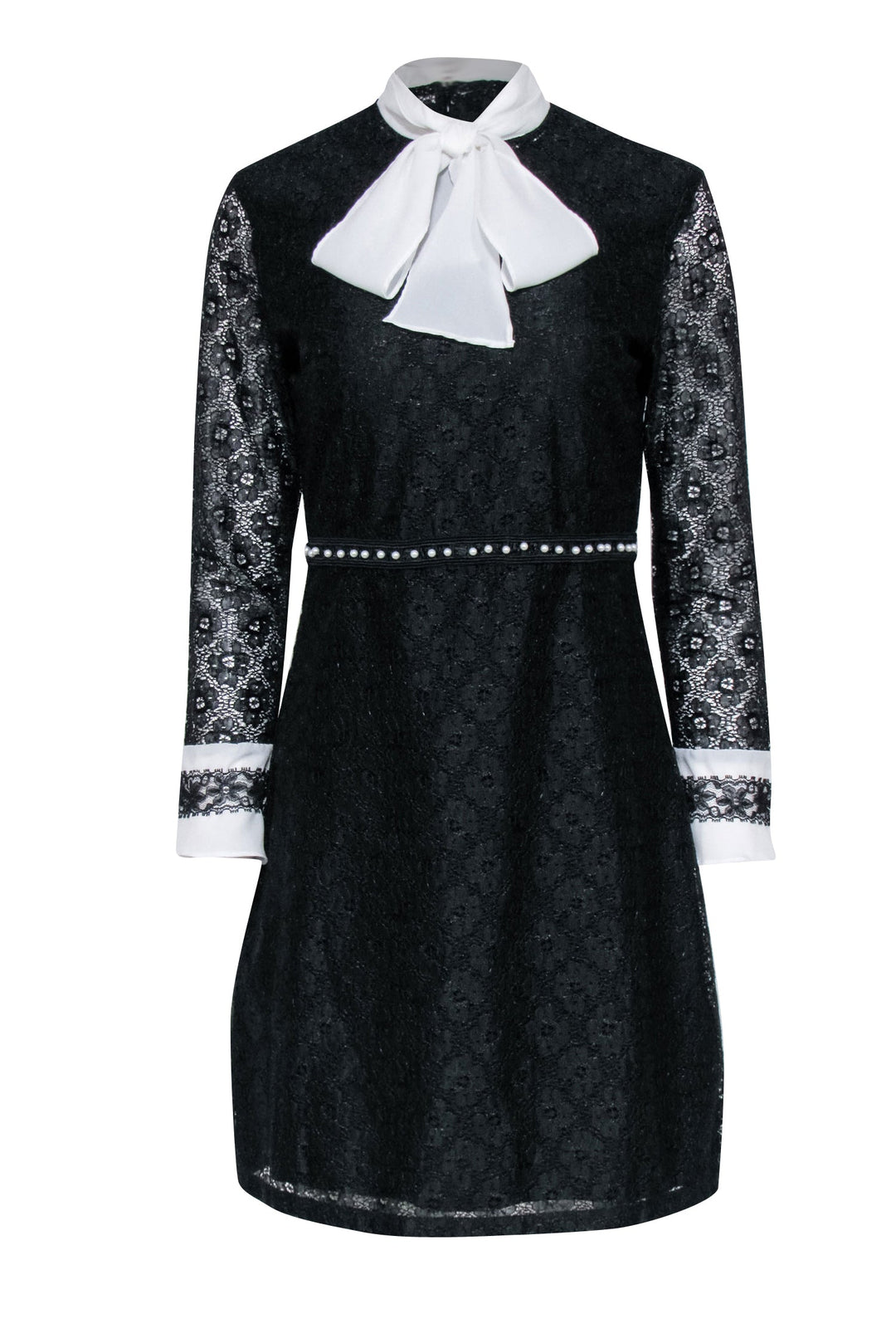 Sandro - Black Floral Lace Dress w/ White Neck Tie & Cuffs Sz L Sandro - Black Floral Lace Dress w/ White Neck Tie & Cuffs Sz L