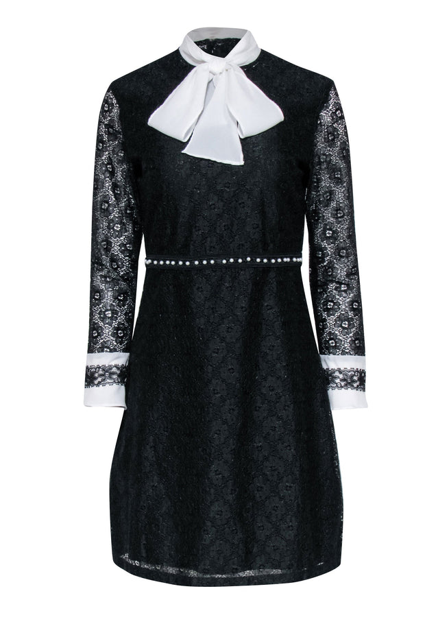 Sandro - Black Floral Lace Dress w/ White Neck Tie & Cuffs Sz L Sandro - Black Floral Lace Dress w/ White Neck Tie & Cuffs Sz L