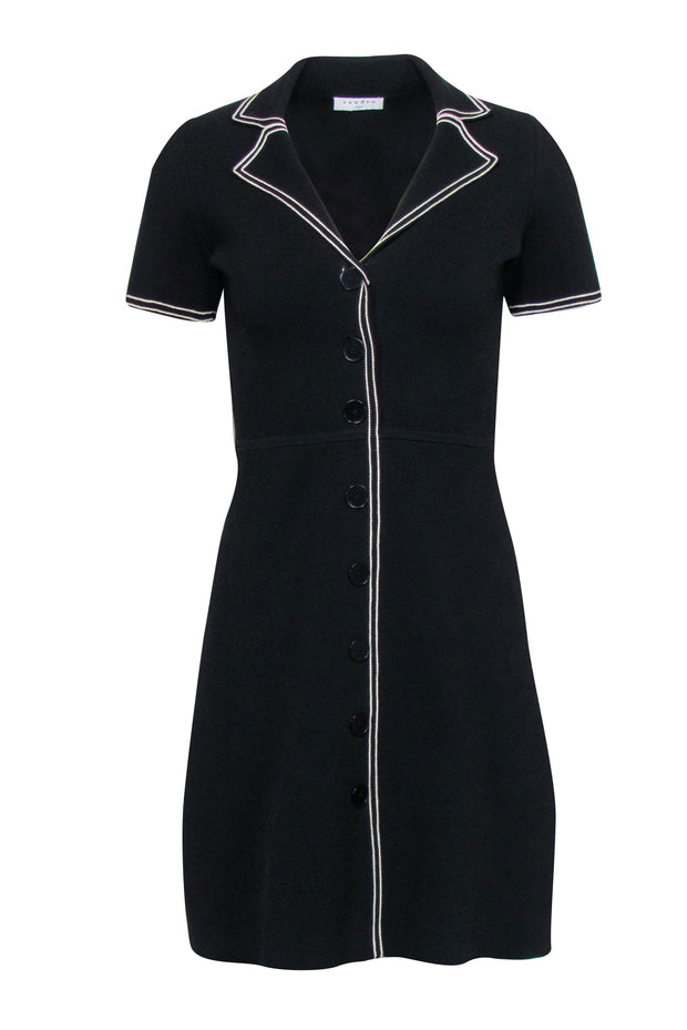 Current Boutique-Sandro - Black Knit Fit & Flare Dress w/ White Contrast Stitching Sz 4