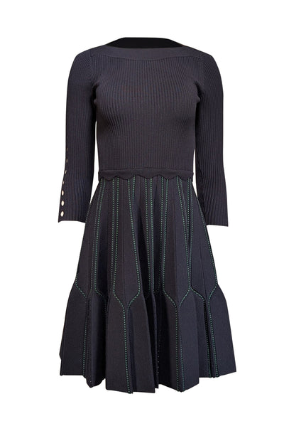 Current Boutique-Sandro - Navy Ribbed Knit Dress w/ Pleated Skirt Sz 4