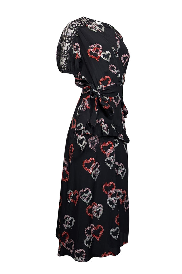 Sandro - Black, Pink, & Red Heart Print Silk Dress w/ Lace Accents Sz Sandro - Black, Pink, & Red Heart Print Silk Dress w/ Lace Accents Sz