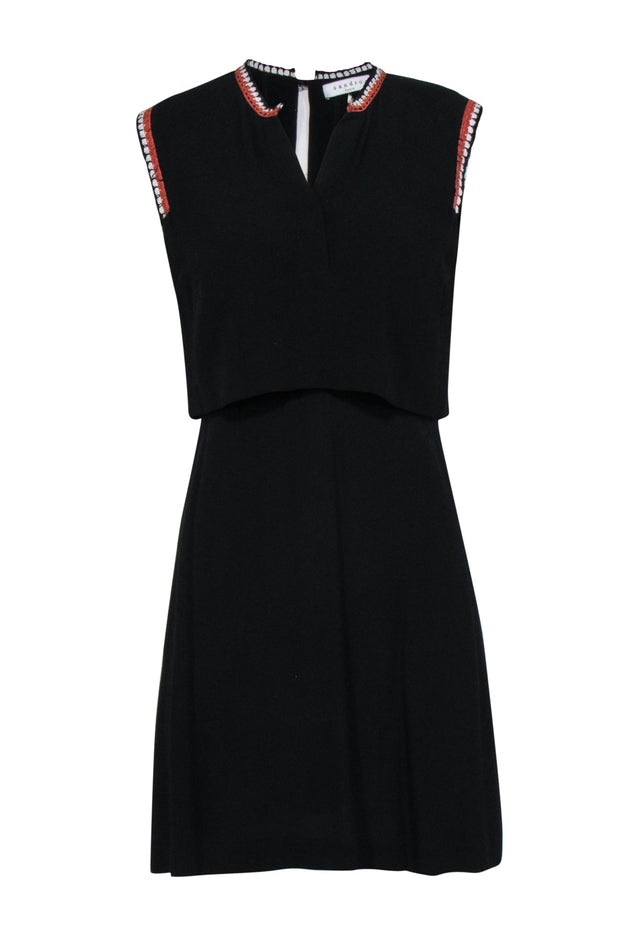 Sandro - Black V-neck Overlay Dress w/ Embroidered Trim Sz M | Current Boutique Sandro - Black V-neck Overlay Dress w/ Embroidered Trim Sz M | Current Boutique