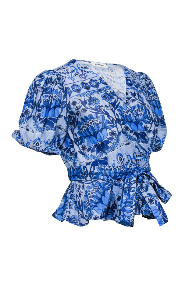 Current Boutique-Sandro - Blue Floral Print Short Sleeve Wrap Top Sz 8
