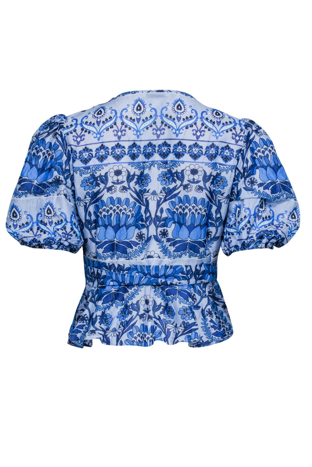 Current Boutique-Sandro - Blue Floral Print Short Sleeve Wrap Top Sz 8